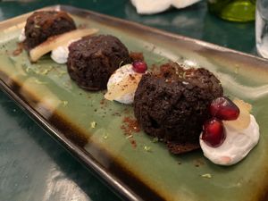 Cacao and pear cake with whipped cream  at B.Better in Paris