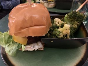 Mushroom burger with smoked broccoli   at B.Better in Paris