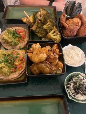 Tacos, potatoes, broccoli, fried eggplant. Mayo and wasabi sous. at B.Better in Paris