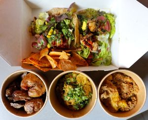 Delivery: Mushroom Tacos/Potatoes/Caviar d'aubergine/Peach Crumble at B.Better in Paris