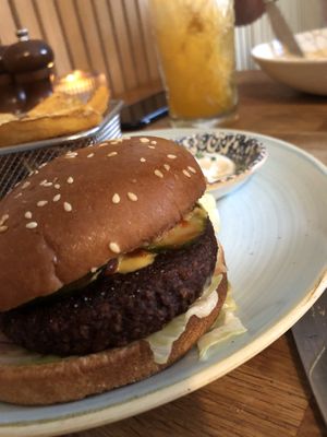 the burger and the fries (+dip)  at 2takt Café & Brasserie in Frederikshavn