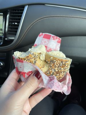 Everything bagel with vegan cc at Bubbie's Bagels in Traverse City