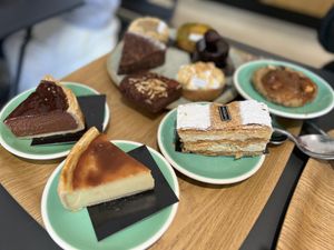 My favorites, chocolate flan and rhubarb tart  at Land & Monkeys - Turenne in Paris