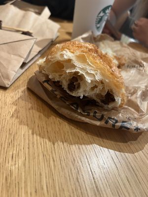 pain au chocolat (awful photo, she had been through several trains and airport security when this photo was taken, but she still tasted good)  at Land & Monkeys - Turenne in Paris