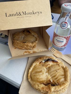 Take-away pear tarts. They looked much prettier before I dropped the box 😆 But they tasted great    at Land & Monkeys - Turenne in Paris
