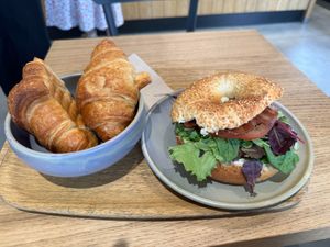 the bagel sandwich and two croissants at Land & Monkeys - Turenne in Paris