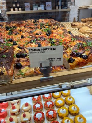 Tomato, olive and onion focaccia!  at Land & Monkeys - Turenne in Paris