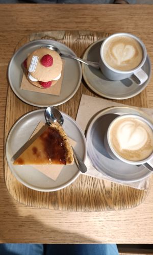 Flan Vanille, Macaron with Raspberry, soy capuccino at Land & Monkeys - Turenne in Paris
