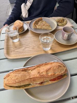 Mediterranean sandwich, quiche Loraine, pistachio cookie and tomato breadd  at Land & Monkeys - Turenne in Paris