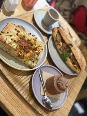 Focaccia, seitan sandwich, hazelnut dessert 🧁   at Land & Monkeys - Turenne in Paris