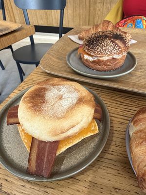 McMuffin - not as good as it looks 3/10. Salmon bagel in background 9/10  at Land & Monkeys - Turenne in Paris