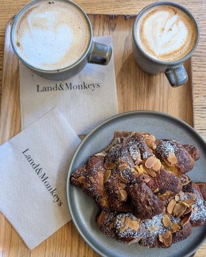 Almond croissant & coffees at Land & Monkeys - Turenne in Paris