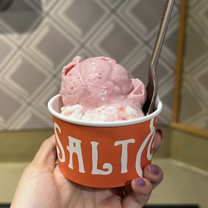 strawberry and coconut water sherbet and cherry coconut pie with almond crust (seasonal)  at Salt & Straw in San Diego