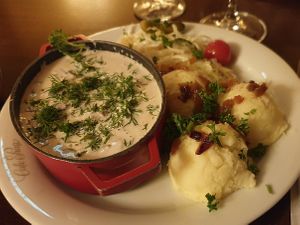Vegan Bœuf Stroganoff with mashed potatoes at Aljonuschka in Dresden