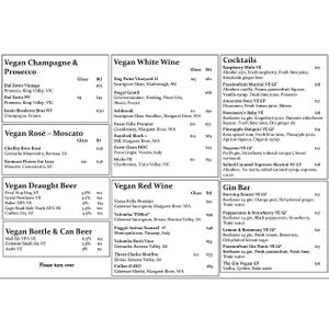 Vegan drinks menu at Jarrah in Hillarys