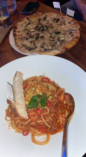 Mushroom pizza and normally the pasta is gnocchi but I asked to change to spaghetti  at Jarrah in Hillarys
