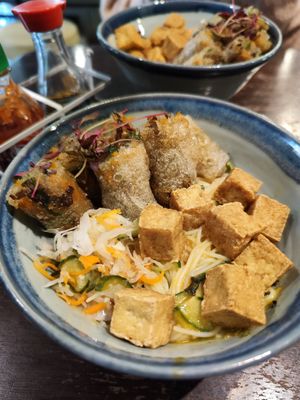 Noodle salad with tofu and spring rolls at Coco Tang in Nottingham