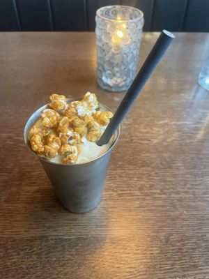 Vegan spicy popcorn milkshake  at Døgnvill Burger - Opera House in Oslo