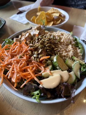 build your own with tahini dressing, tofu & tortilla chips  at The Growing Season Juice Collective in Thunder Bay