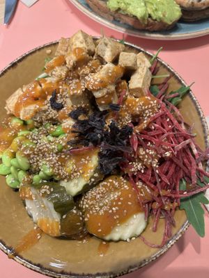 Miso glazed tofu bowl: green mix, black rice, edamame, miso glazed tofu, raw beetroot, Asian-style marinated cucumbers, sesame seeds, spicy miso and vinegar dressing, nori flakes  at Shake Café in Florence