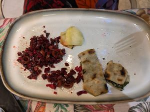 Oops forgot to photo before I ate it!  Beetroot, olives, courgette and local heritage bread  soparnik at Tasting House Arsana in Omis