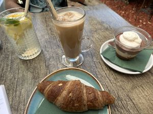 Lemonade, iced oat chai latte, somloi cup and wholegrain croissantt  at Café Lex in Szentendre