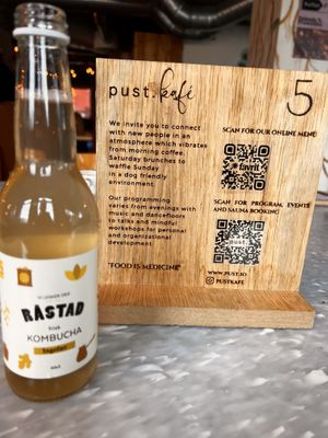 Kombucha and QR codes for menu and sauna  at FINT Kafé & Bar in Tromsoe