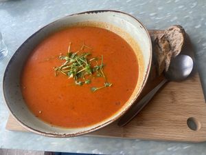 Vegan lentil soup and bread  at FINT Kafé & Bar in Tromsoe