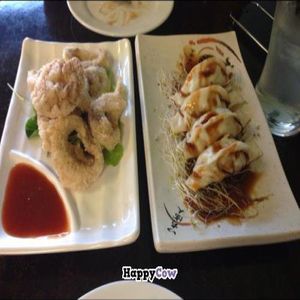 fried dumplings and veggie squid at Meesu Vegetarian Kitchen in Adelaide
