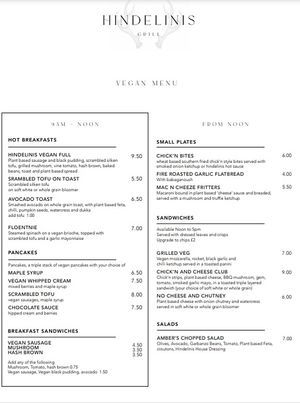 Vegan menu at Hindelinis in Clitheroe