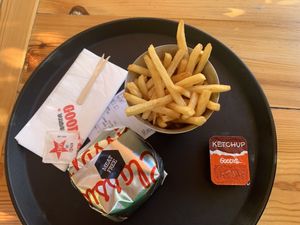 Meat free burger with fries at Goody's Burger House - Viktorias in Athens