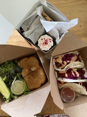 Take out from Garden Grille and Wildflour! Korean Tacos and Reuben with side of greens.  at Garden Grille Cafe in Pawtucket