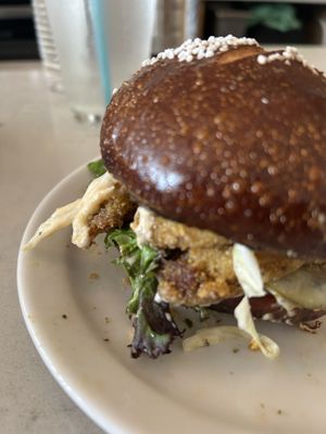 Oyster mushroom sandwich on a pretzel bun.  at Garden Grille Cafe in Pawtucket