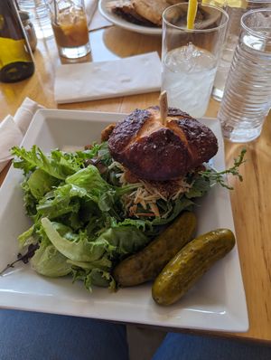 Fried Oyster Mushroom Sandwich (and an extra pickle 🥒) at Garden Grille Cafe in Pawtucket