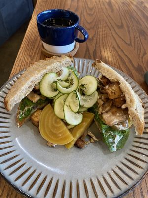 My off-the-cuff, on the fly vegan sandwich (tofu, shiitakes, golden beets, and much more)!  at The Endive Eatery in West Richland