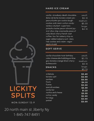 menu items at Lickety Splits in Liberty