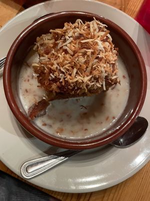 Banana bread pudding made with coconut milk at Dos Alas in Mammoth Lakes