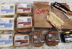 Part of the joint purchases of tofu products from Mallakto, Dec, 2023: classic tofu, smoked tofu, Chikun seitan, "sprats", "mince" in powder, smoked Sosichka "cheese"  at Veganki v Tule in Tula