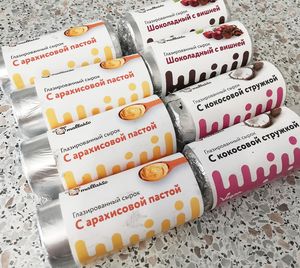 Part of the joint purchases of tofu products from Mallakto, Feb, 2024: chocolate-glazed cheese tofu: with peanut butter, with coconut flakes, with cherries at Veganki v Tule in Tula