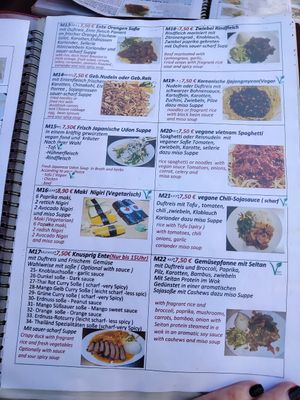 Vegan dishes clearly labelled at Asia Food Sushi bar in Hannover