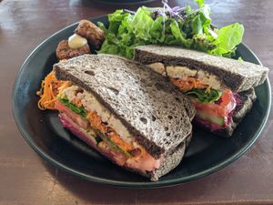 Vegan sandwich with hummus and falafel at Timeless Chocolate in Chatan