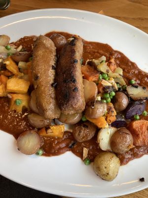 Vegan curry wurst. Made with Beyond sausage   at Mountain Brauhaus in Gardiner