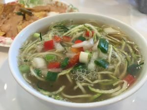 Zucchini noodle soup. Healthy and tastes Excellent! at Loving Hut in Arlington