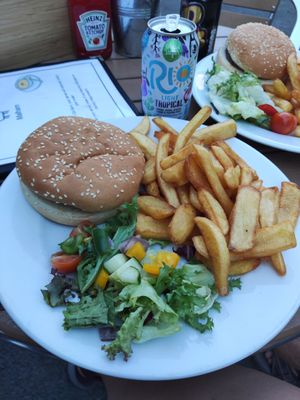 Veggie burger and chips at The Old Barn Tearoom in Malham