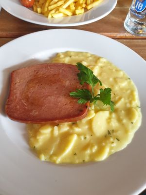 Vegan leberkäse. Very much like Swedish falukorv and swedish potato salad at Hofbrau Wirtshaus in Berlin