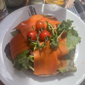 Vegan avocado and salmon toastt  at Swing in Gouda