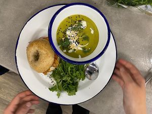 Bagel and soup of the day  at Wild Root in Southport