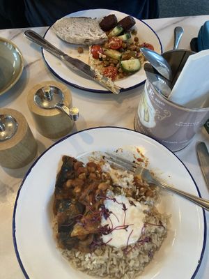 Hummus and falafel & aubergine and maple madras curry  at Wild Root in Southport
