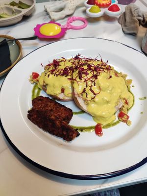 Scrambled tofu with hollandaise sauce and tempeh bacon at Wild Root in Southport