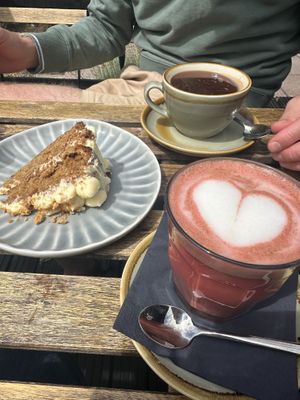 Amazing Sticky Ginger cake and lovely Beetroot Latte!   at Wild Root in Southport